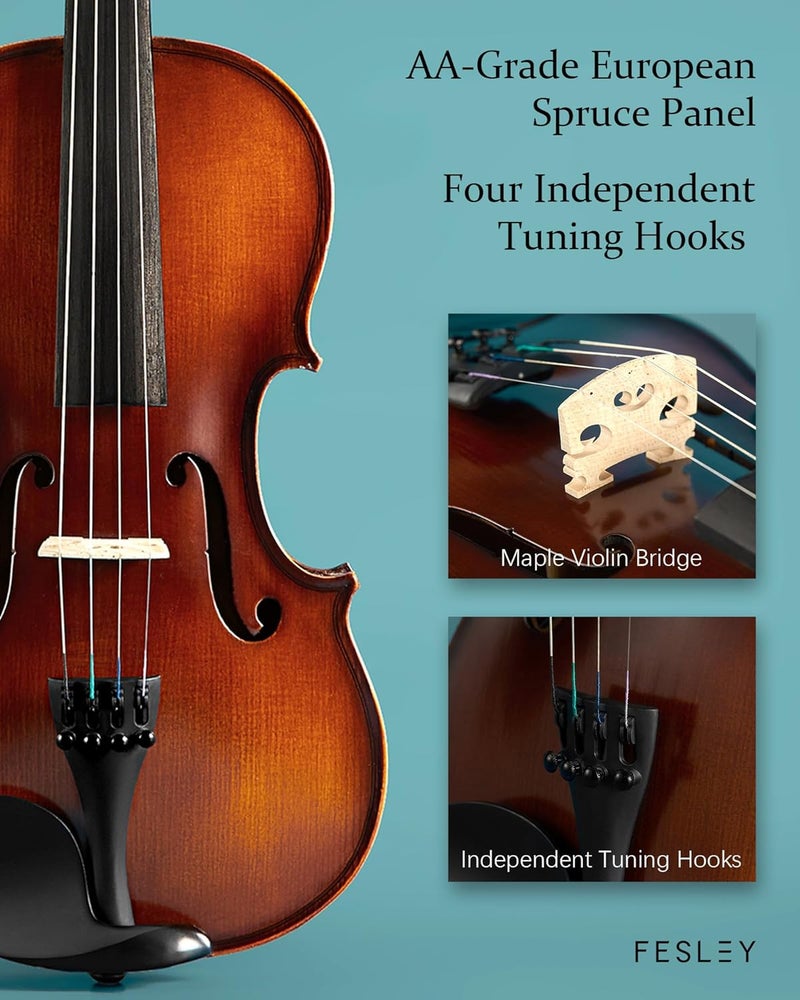 Fesley Violin Fiddle Full Set: 4/4 Matt Violin Kit for Beginners, Acoustic Violin with Hard Case, Solidwood Hand Made Starter Kit with Bow, Rosin, Shoulder Rest, Tuner, Extra Strings - Image 5